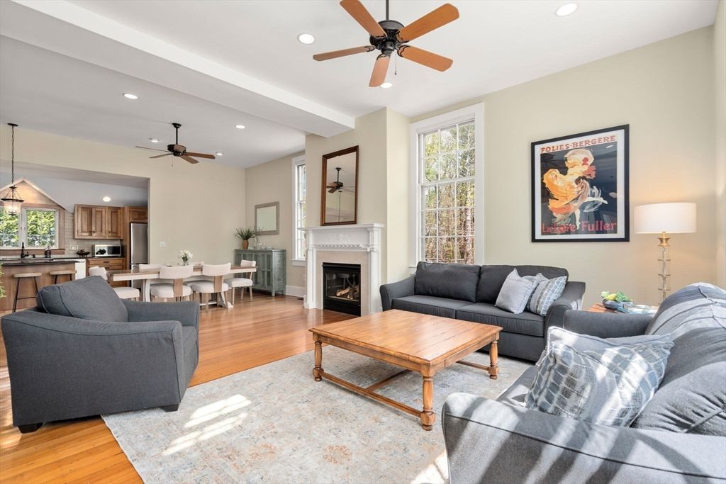 Dining room, Fireplace, Interior, Kitchen, Living room, Pendant Lights, Recessed Lighting, Stainless Steel Appliances, Wood Texture Flooring