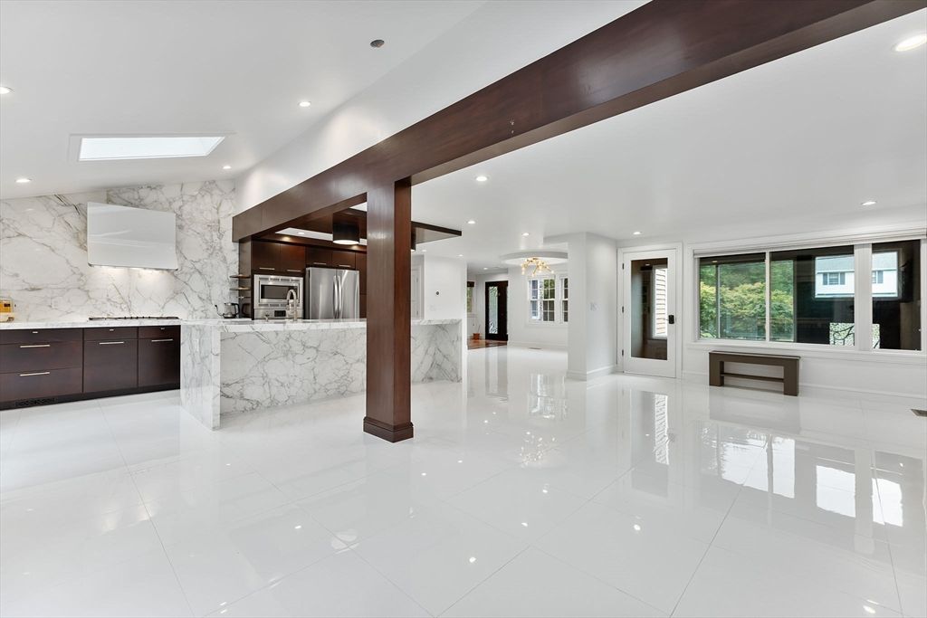 Interior, Kitchen, Marble Walls, Recessed Lighting, Stainless Steel Appliances