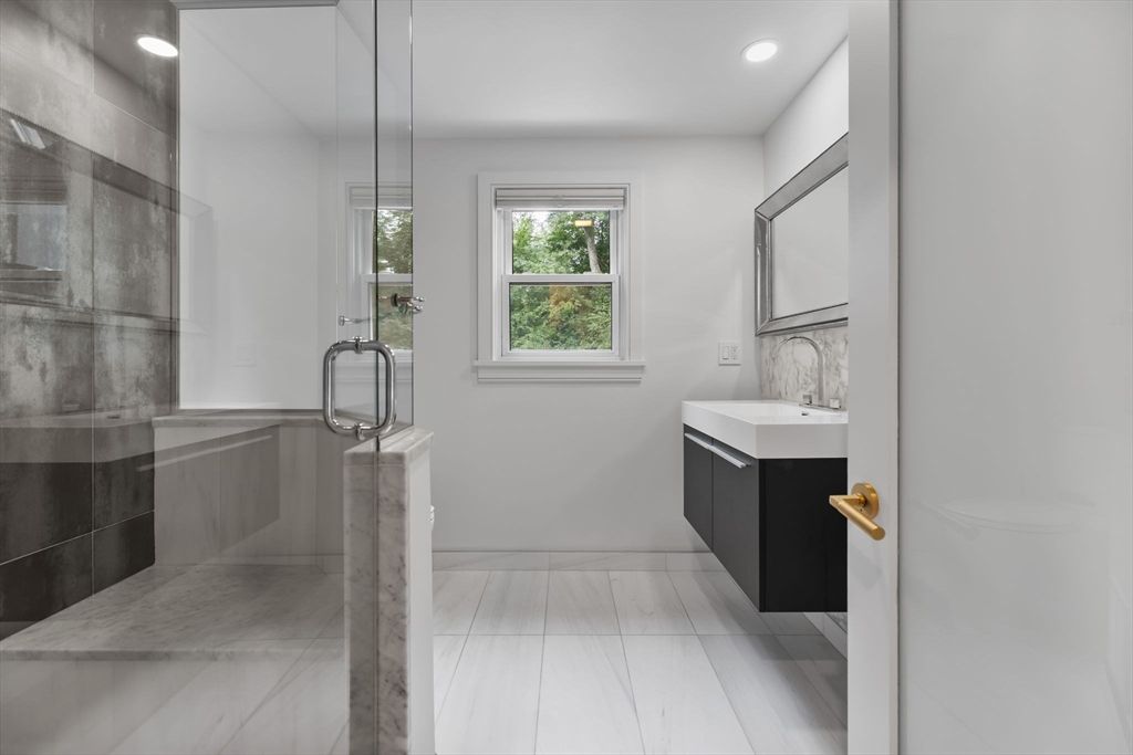 Bathroom, Glass Shower, Interior, Marble, Pendant Lights, Recessed Lighting