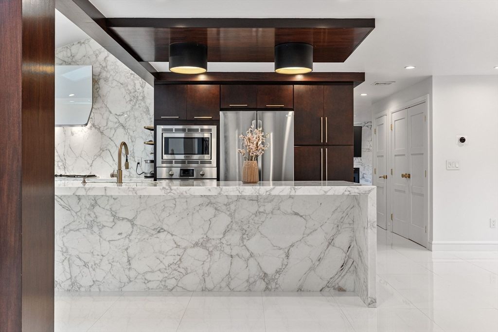 Interior, Kitchen, Marble, Marble Walls, Recessed Lighting, Stainless Steel Appliances