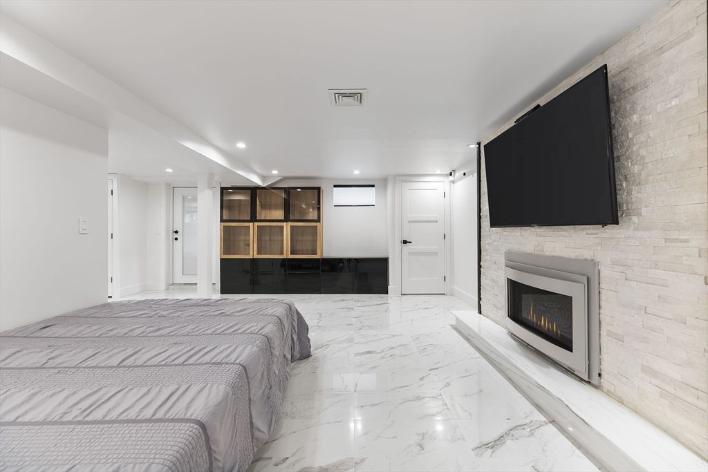 Bedroom, Fireplace, Interior, Marble, Recessed Lighting, Stone Walls
