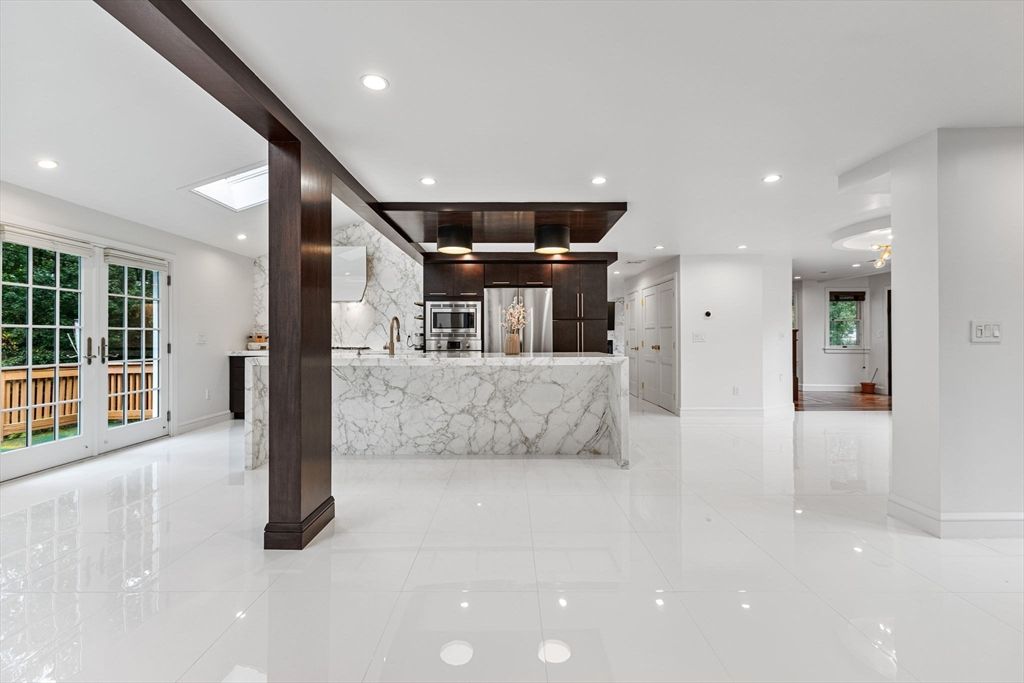 Interior, Kitchen, Marble Walls, Recessed Lighting, Stainless Steel Appliances