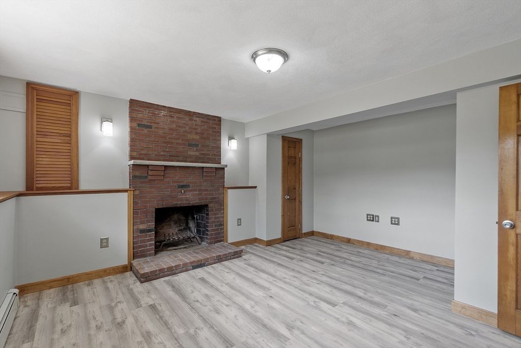 Empty room, Fireplace, Interior, Stone Walls, Wood Texture Flooring