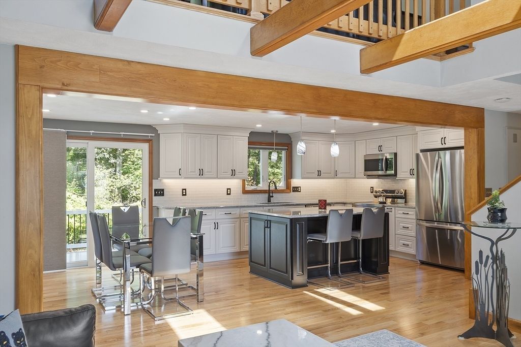 Interior, Kitchen, Pendant Lights, Recessed Lighting, Stainless Steel Appliances, Wooden Beams, Wood Texture Flooring