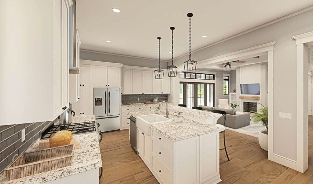 Fireplace, Interior, Kitchen, Living room, Pendant Lights, Recessed Lighting, Stainless Steel Appliances, Wood Texture Flooring