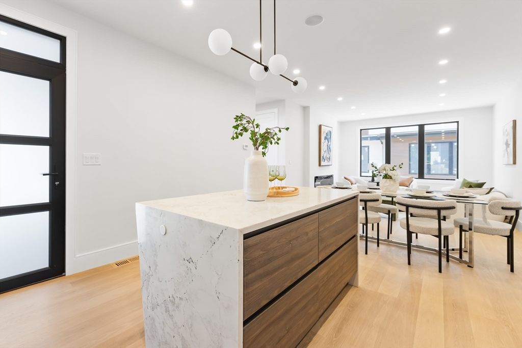 Dining room, Interior, Pendant Lights, Recessed Lighting, Wood Texture Flooring
