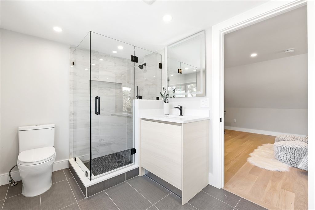 Bathroom, Glass Shower, Interior, Recessed Lighting, Wood Texture Flooring