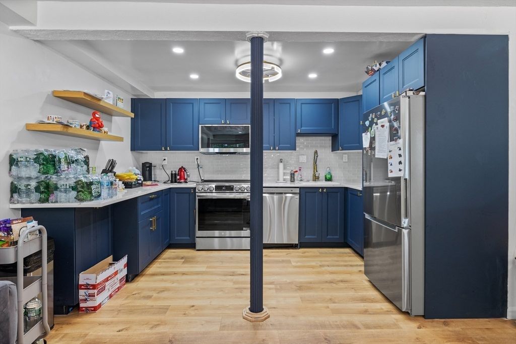 Interior, Kitchen, Recessed Lighting, Stainless Steel Appliances, Wood Texture Flooring