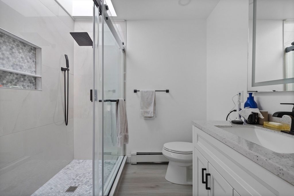 Bathroom, Glass Shower, Interior, Wood Texture Flooring