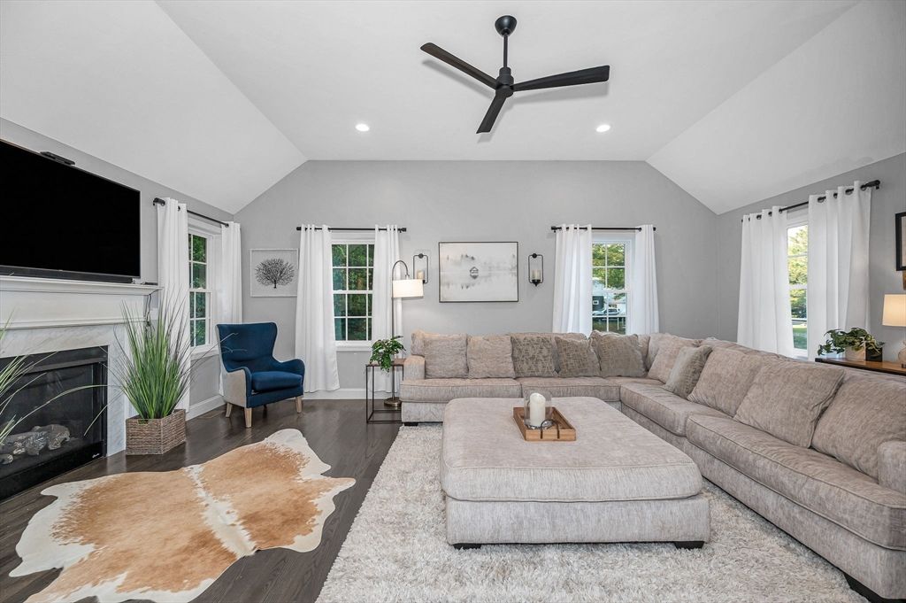 Fireplace, Interior, Living room, Recessed Lighting, Wood Texture Flooring