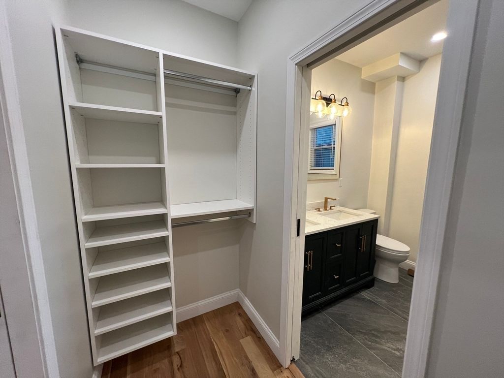 Bathroom, Interior, Recessed Lighting, Walk-in Closets, Wood Texture Flooring