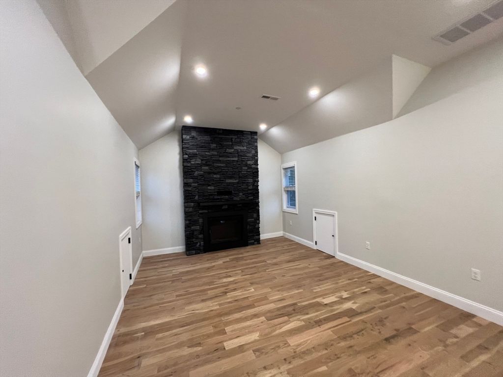 Empty room, Fireplace, Interior, Recessed Lighting, Wood Texture Flooring
