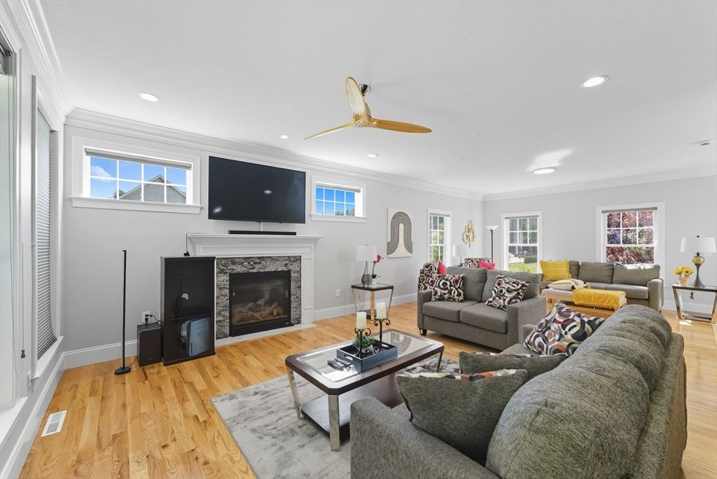 Fireplace, Interior, Living room, Recessed Lighting, Wood Texture Flooring