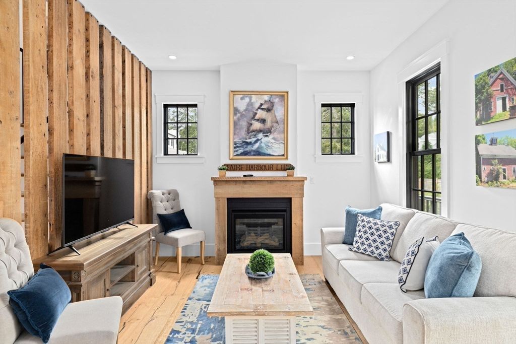 Fireplace, Interior, Living room, Recessed Lighting, Wood Texture Flooring, Wooden Walls