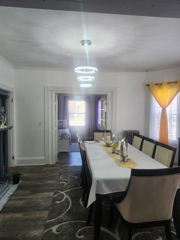 Dining room, Interior, Pendant Lights, Wood Texture Flooring