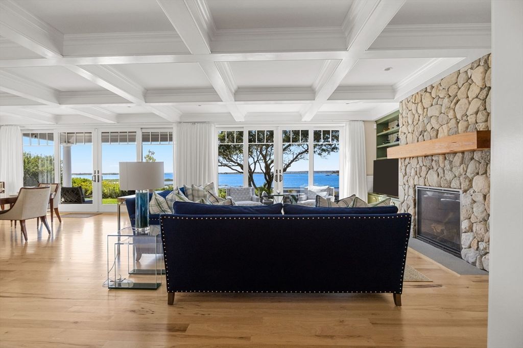 Fireplace, Interior, Living room, Stone Walls, Water, Wood Texture Flooring