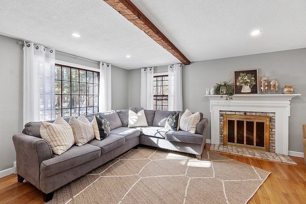 Fireplace, Interior, Living room, Recessed Lighting, Wooden Beams, Wood Texture Flooring