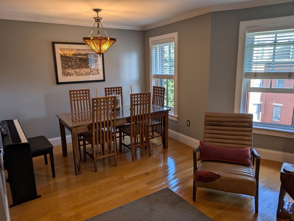 Dining room, Interior, Pendant Lights, Wood Texture Flooring