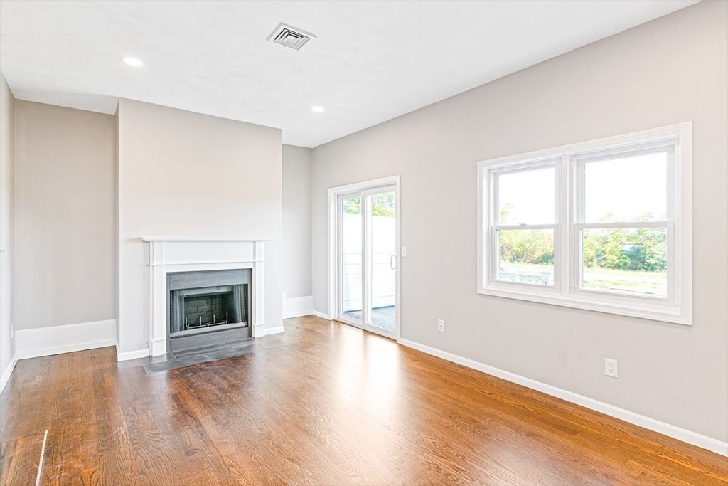 Empty room, Fireplace, Interior, Recessed Lighting, Wood Texture Flooring