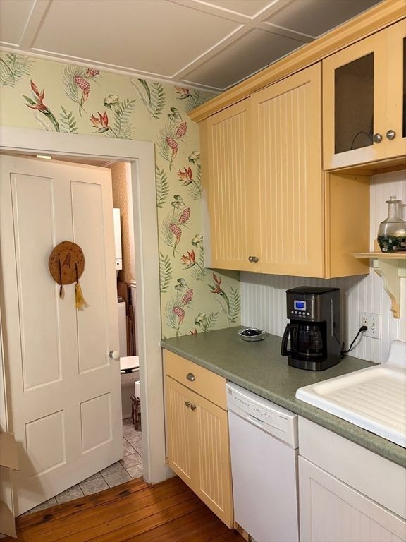 Interior, Kitchen, Tile Countertops, Wood Texture Flooring