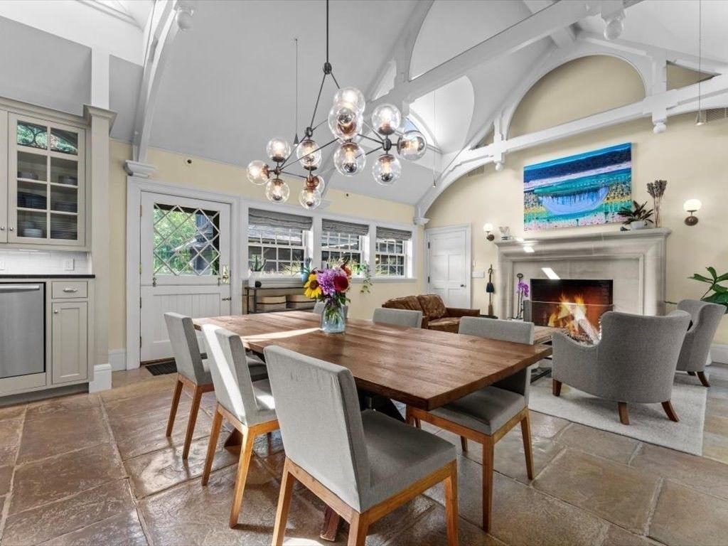 Dining room, Fireplace, Interior, Living room, Pendant Lights
