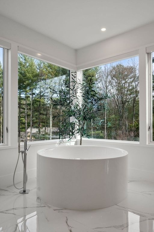 Bathroom, Free Standing Baths, Interior, Marble, Recessed Lighting