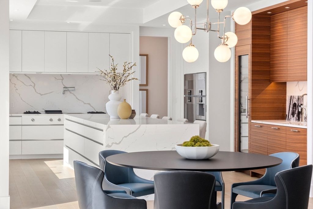Dining room, Interior, Kitchen, Marble Walls, Pendant Lights, Wood Texture Flooring