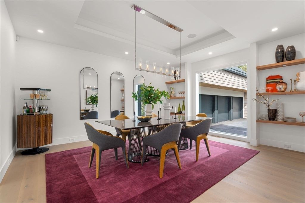 Dining room, Interior, Pendant Lights, Recessed Lighting, Wood Texture Flooring