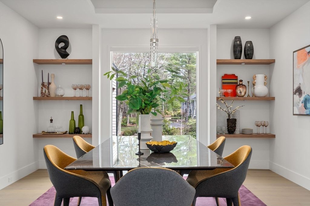 Dining room, Interior, Pendant Lights, Recessed Lighting, Wood Texture Flooring