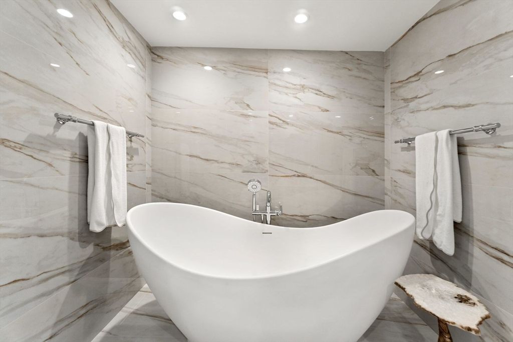 Bathroom, Free Standing Baths, Interior, Marble, Marble Walls, Recessed Lighting