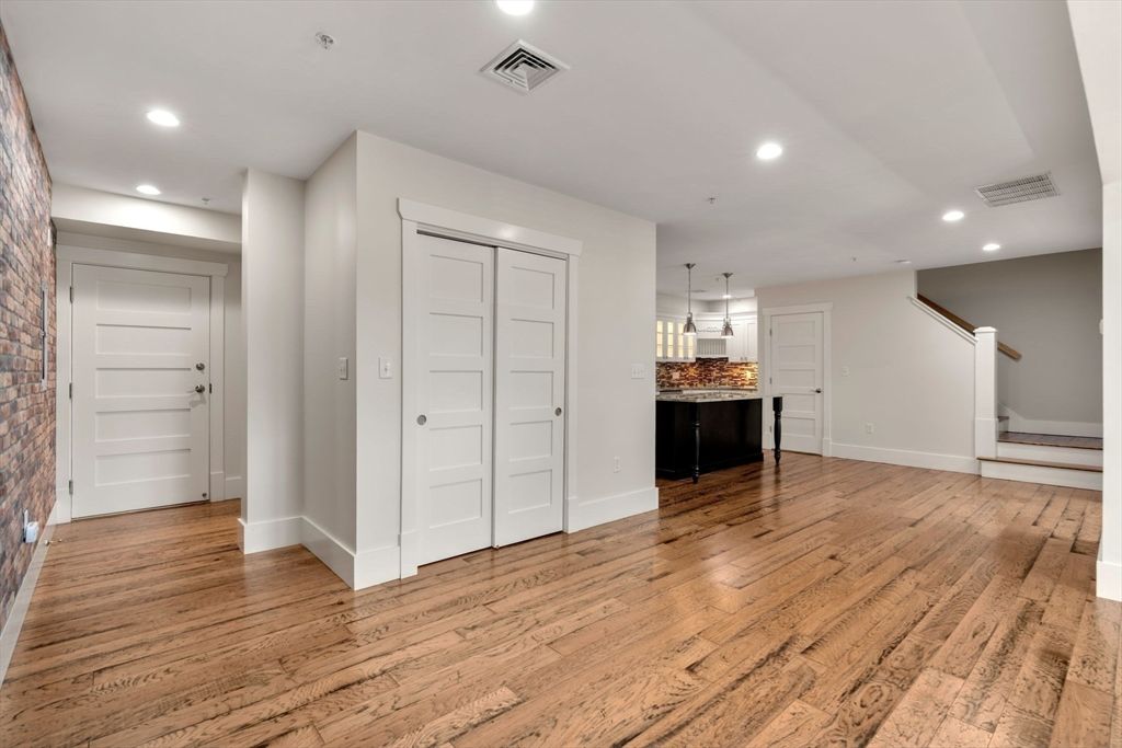 Empty room, Interior, Kitchen, Pendant Lights, Recessed Lighting, Wood Texture Flooring