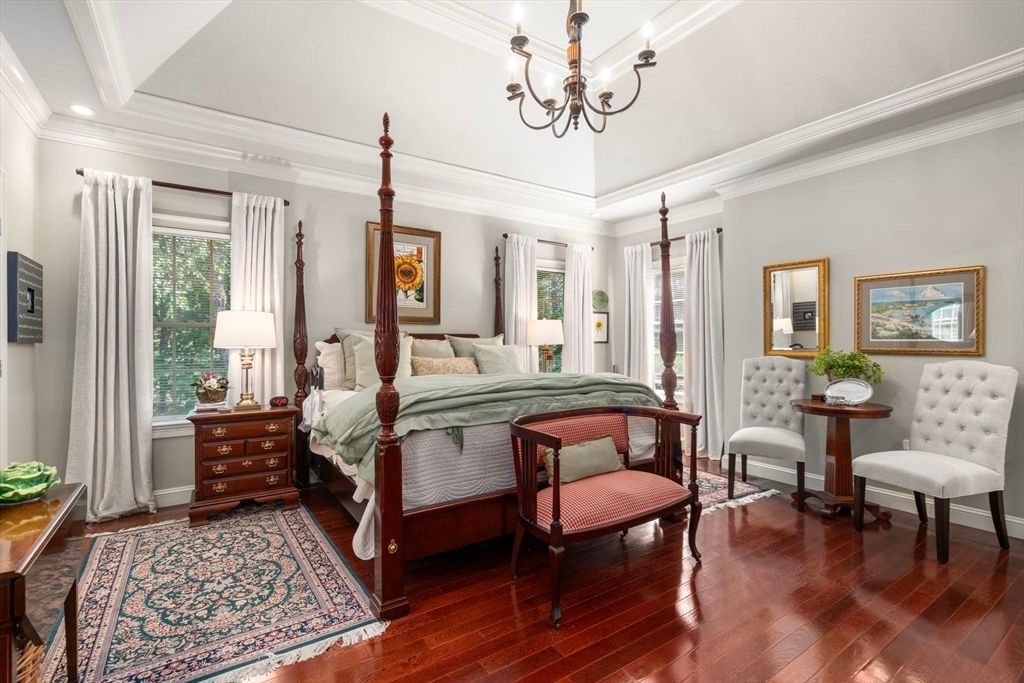 Bedroom, Chandelier, Interior, Recessed Lighting, Wood Texture Flooring