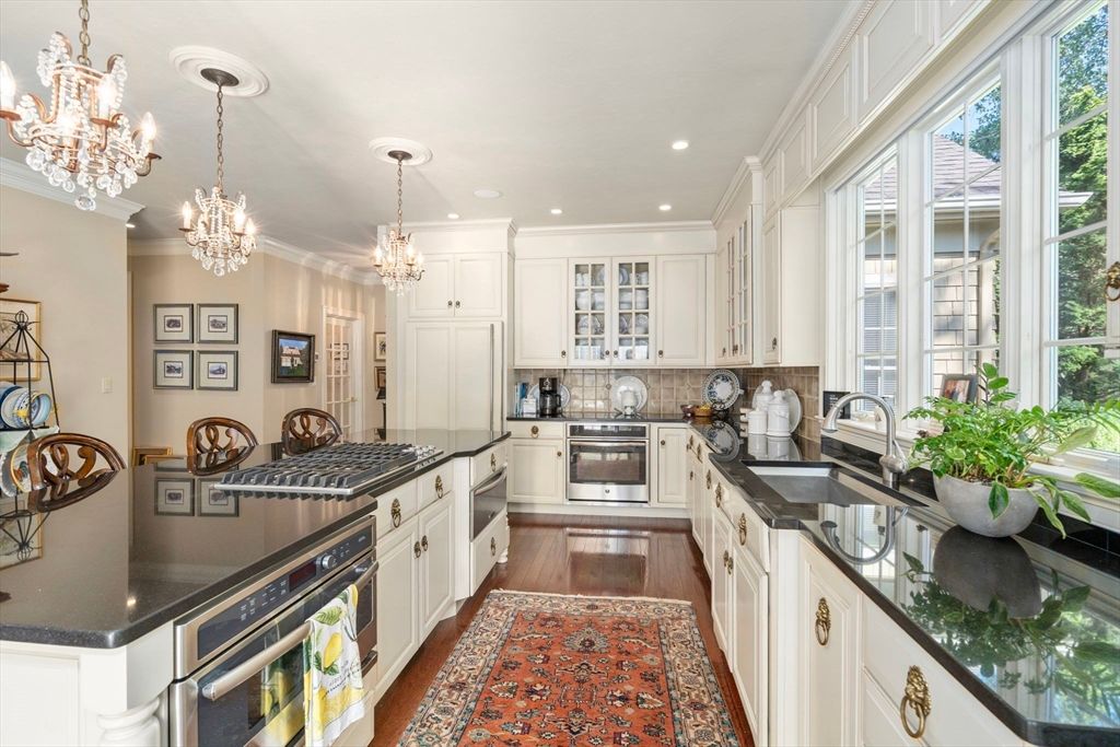 Chandelier, Interior, Kitchen, Recessed Lighting, Stainless Steel Appliances, Wood Texture Flooring