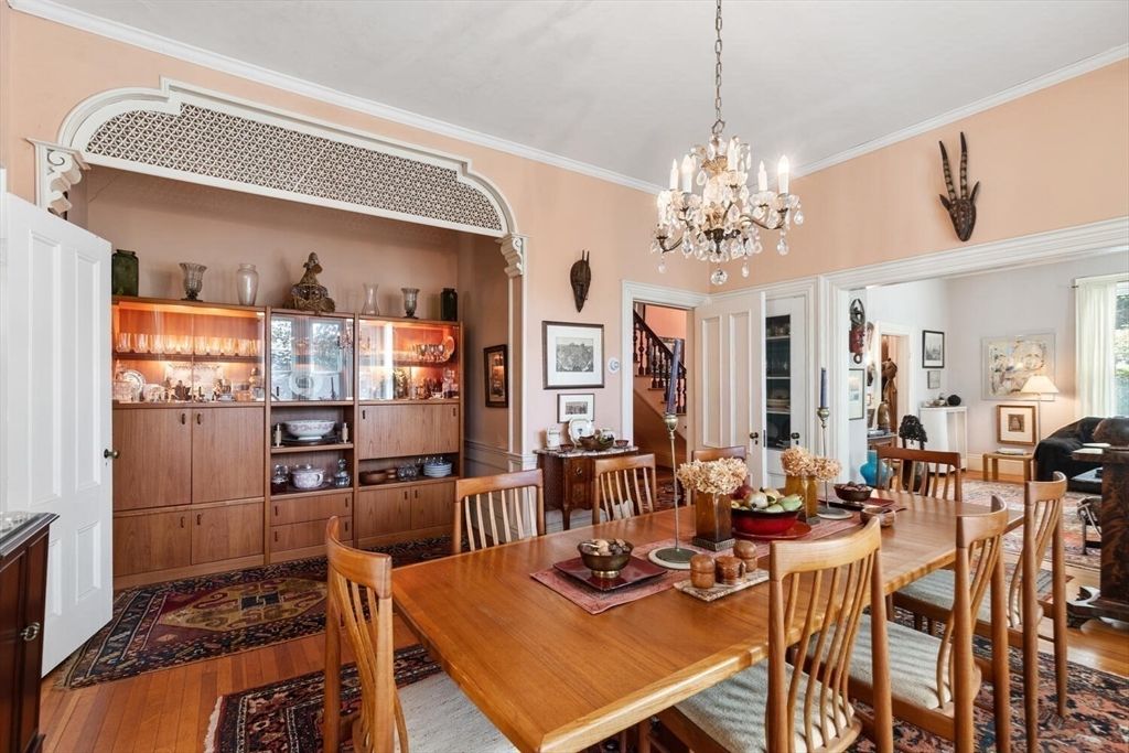 Chandelier, Dining room, Interior, Wood Texture Flooring