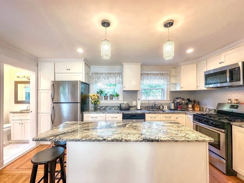 Interior, Kitchen, Pendant Lights, Recessed Lighting, Stainless Steel Appliances, Wood Texture Flooring