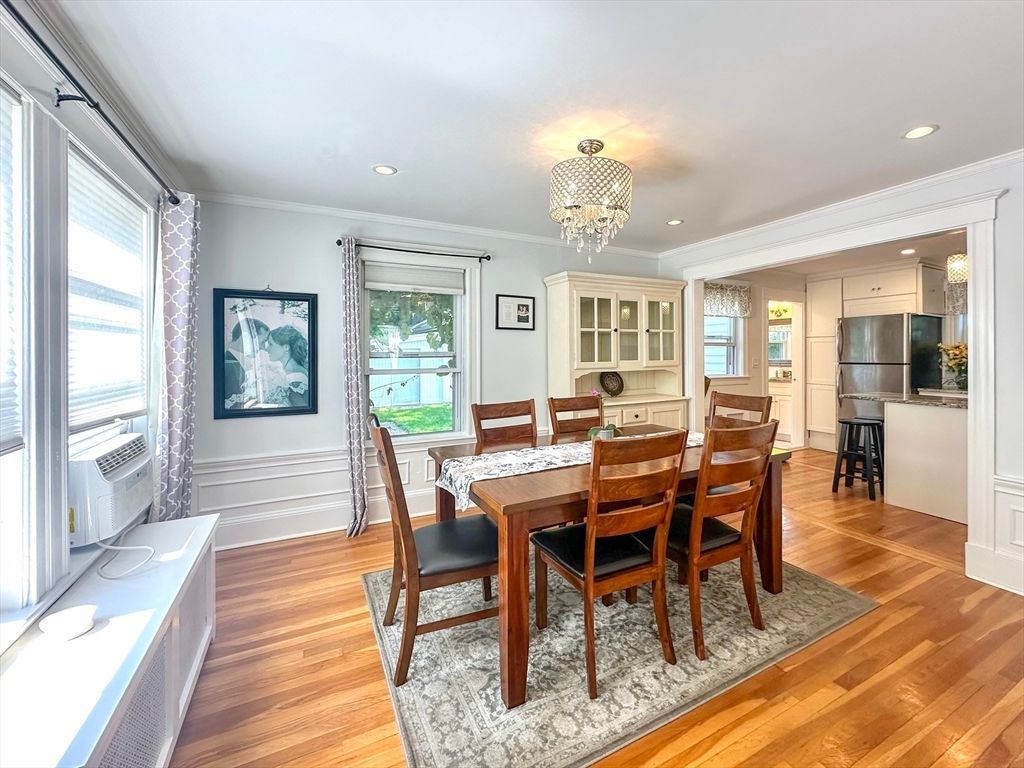 Chandelier, Dining room, Interior, Kitchen, Recessed Lighting, Stainless Steel Appliances, Wood Texture Flooring