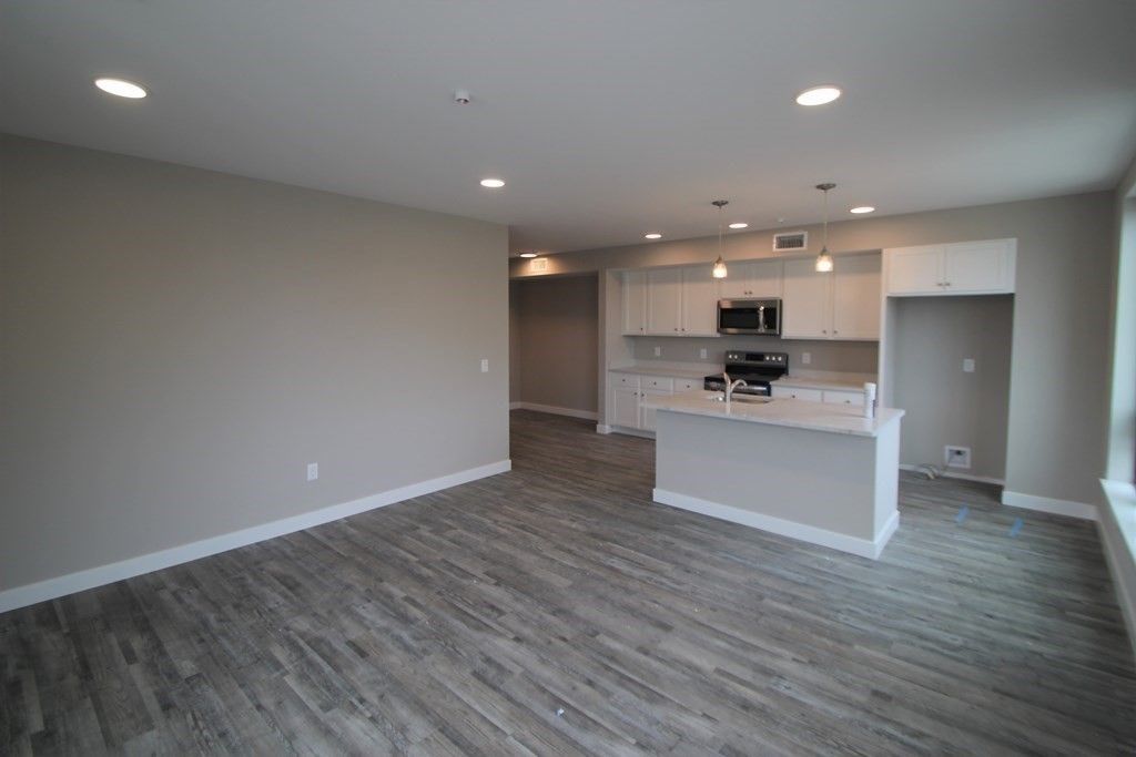 Empty room, Interior, Kitchen, Pendant Lights, Recessed Lighting, Wood Texture Flooring