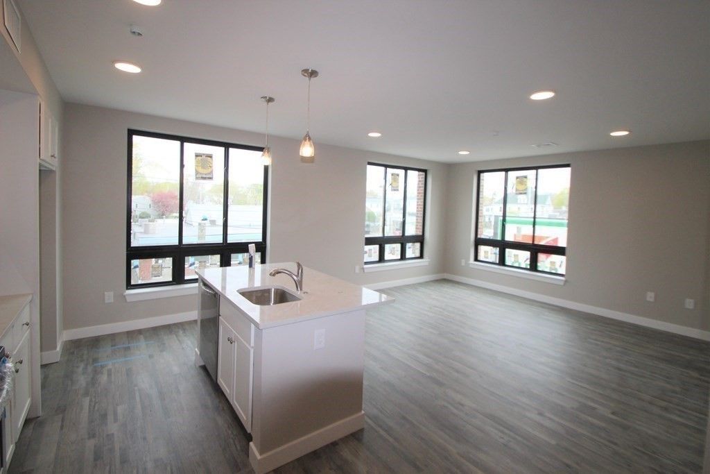 Empty room, Interior, Kitchen, Pendant Lights, Recessed Lighting, Wood Texture Flooring