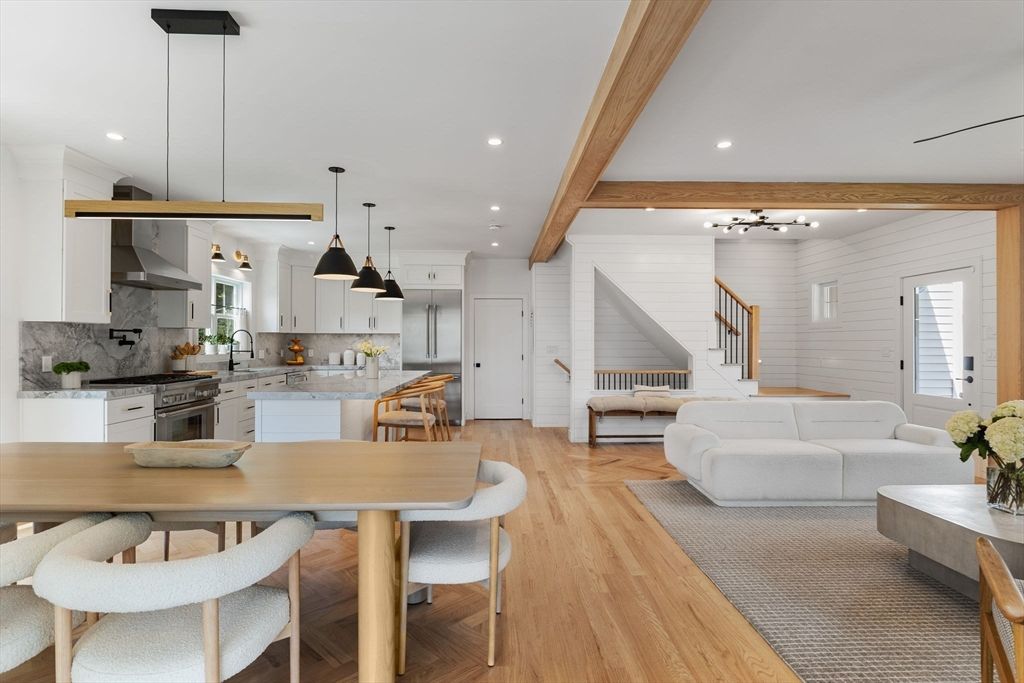 Dining room, Interior, Kitchen, Living room, Pendant Lights, Recessed Lighting, Stainless Steel Appliances, Wooden Beams, Wood Texture Flooring