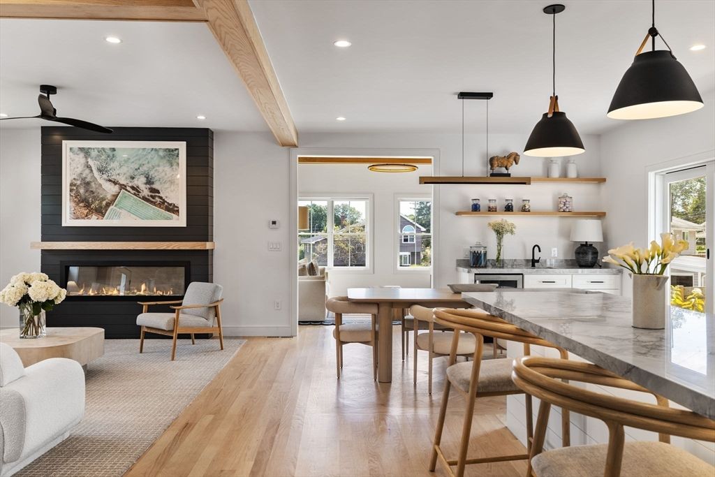 Dining room, Fireplace, Interior, Kitchen, Living room, Pendant Lights, Recessed Lighting, Wooden Beams, Wood Texture Flooring