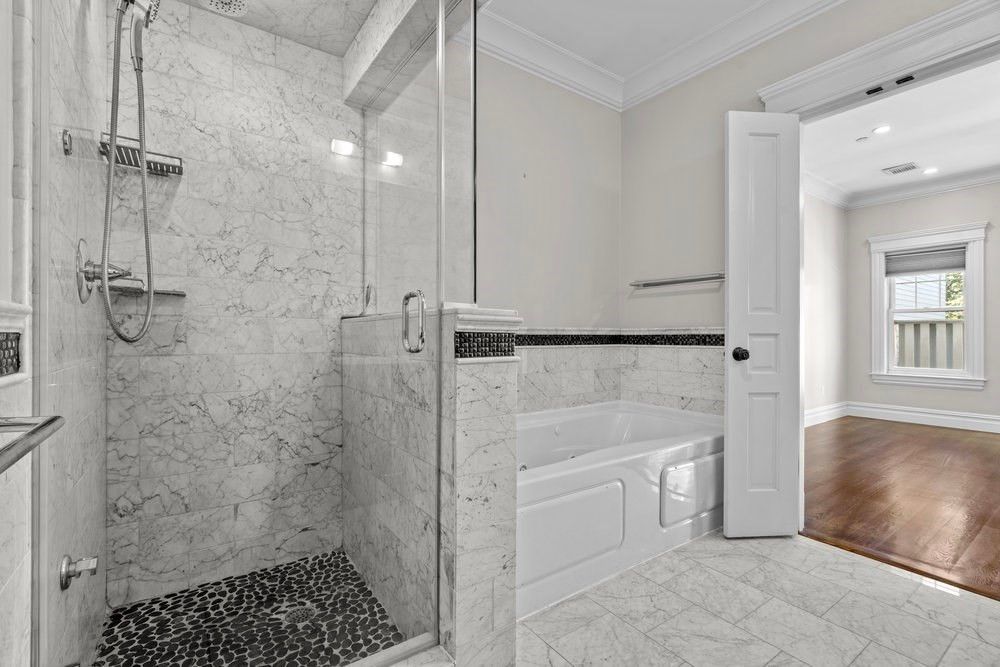 Bathroom, Glass Shower, Interior, Marble, Marble Walls, Recessed Lighting, Wood Texture Flooring