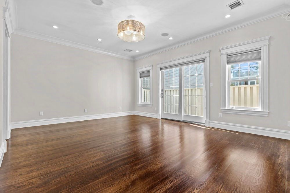 Chandelier, Empty room, Interior, Recessed Lighting, Wood Texture Flooring