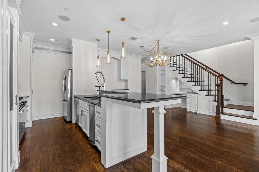 Chandelier, Interior, Kitchen, Pendant Lights, Recessed Lighting, Stainless Steel Appliances, Wood Texture Flooring
