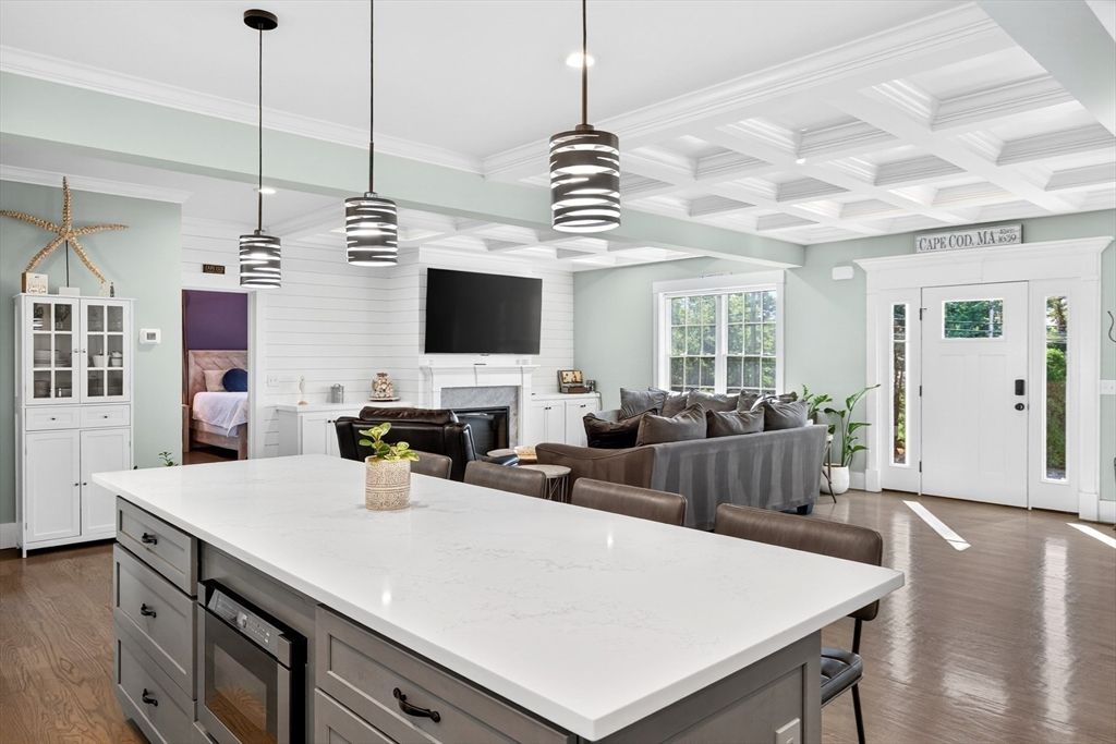 Fireplace, Interior, Kitchen, Living room, Pendant Lights, Recessed Lighting, Wood Texture Flooring