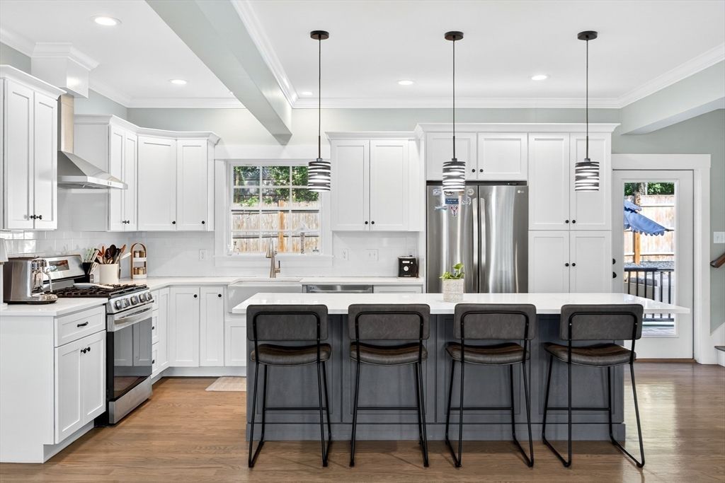 Interior, Kitchen, Pendant Lights, Recessed Lighting, Stainless Steel Appliances, Wood Texture Flooring