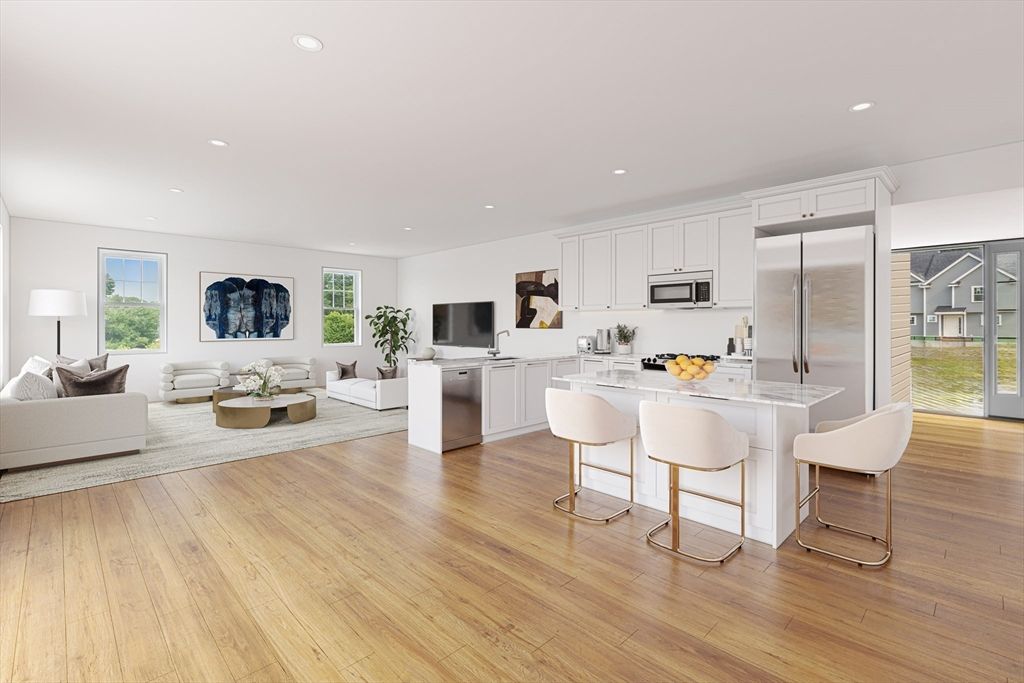 Interior, Kitchen, Living room, Recessed Lighting, Stainless Steel Appliances, Wood Texture Flooring