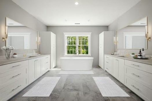 Bathroom, Dual Sink Vanities, Free Standing Baths, Interior, Marble, Recessed Lighting