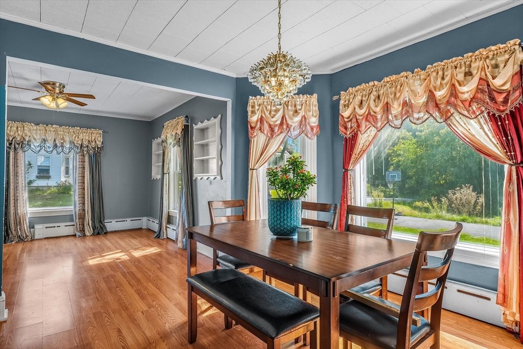 Dining room, Interior, Pendant Lights, Wood Texture Flooring