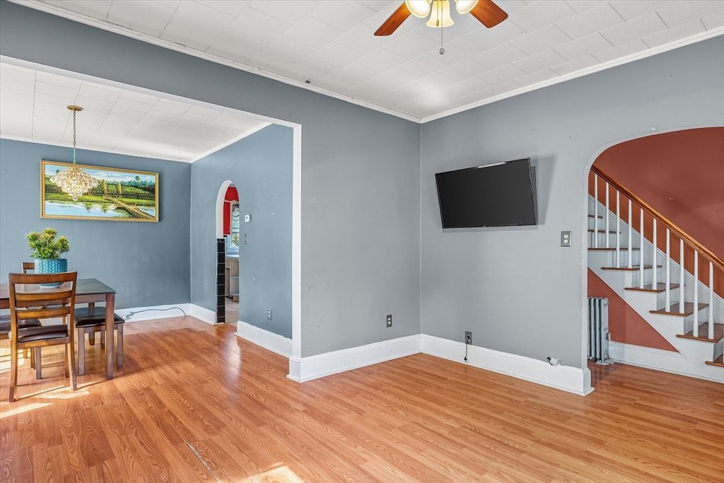 Dining room, Interior, Pendant Lights, Wood Texture Flooring