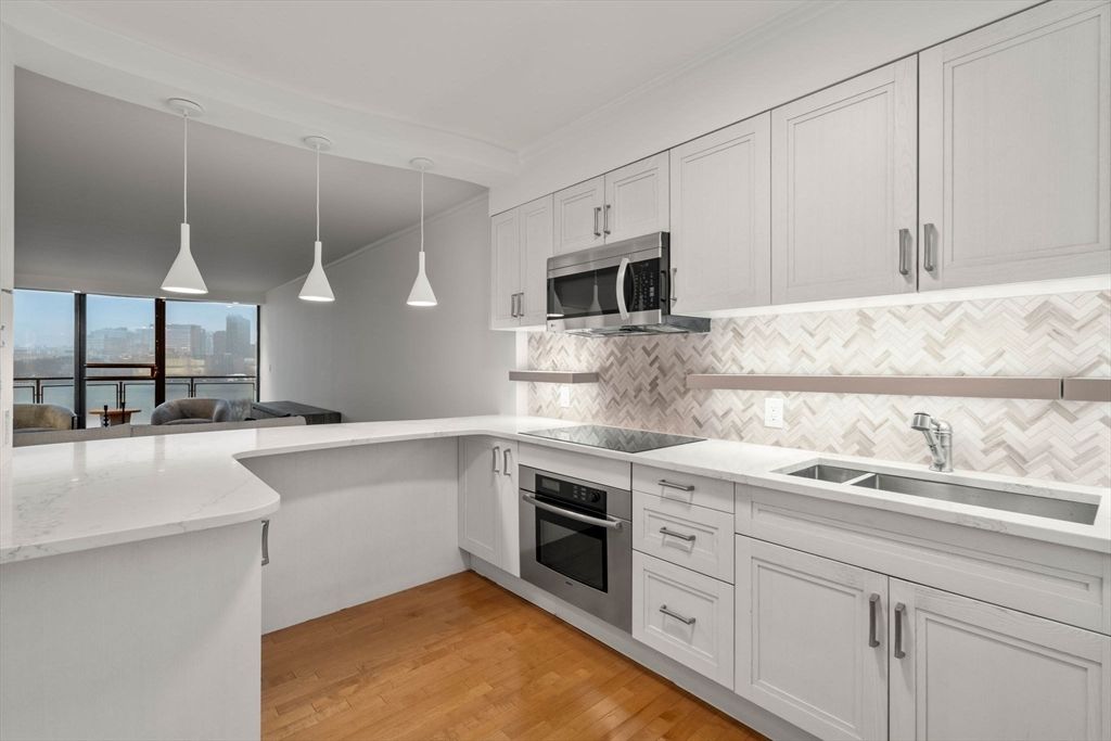 Interior, Kitchen, Pendant Lights, Water, Wood Texture Flooring